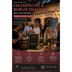 Champagne & Bobler smagning med Tapasbuffet fredag d. 21. august kl. 18.30