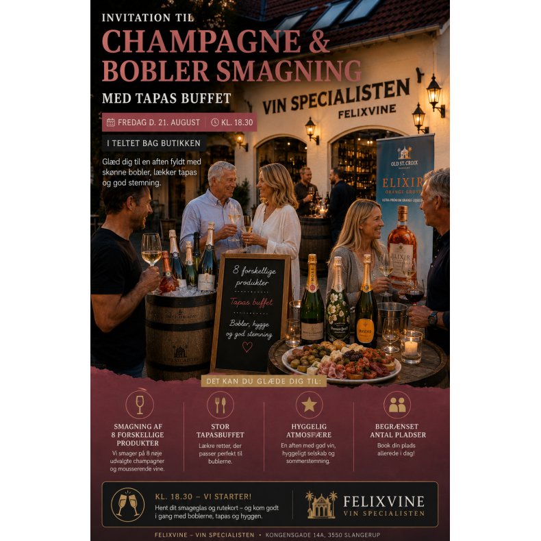 Champagne &amp; Bobler smagning med Tapasbuffet fredag d. 21. august kl. 18.30