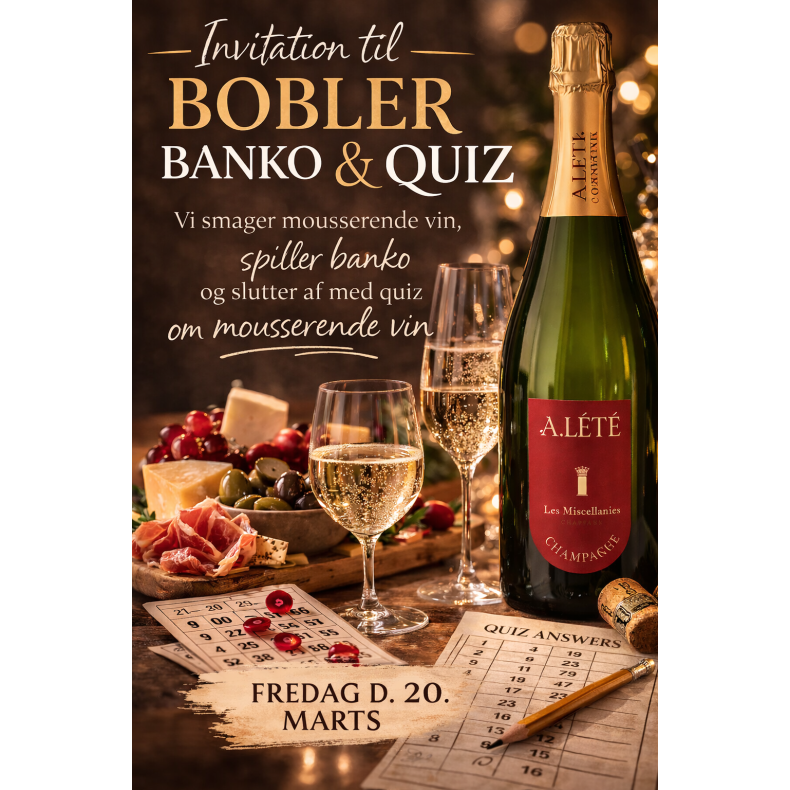 Bobler, Banko &amp; Quiz Fredag d. 20. Marts 2026 kl 18.30