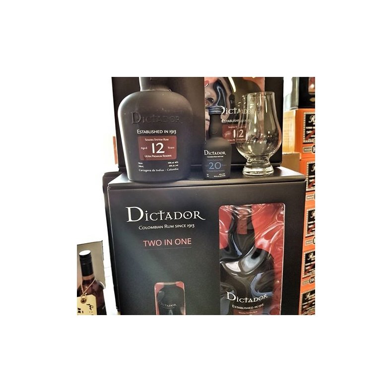 Dictador Solera Ultra Premium Reserve 12 r gaveske med 5 cl. 20 rs Dicatador og et romglas