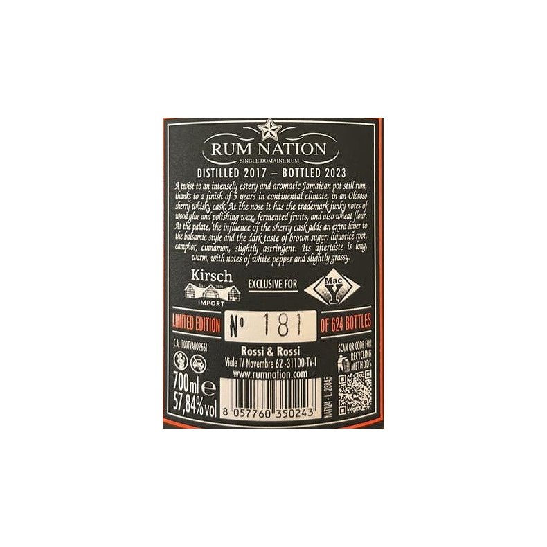 RUM NATION - JAMAICA 5Y CASK STRENGTH - OLOROSO SHERRY CASK  57.84%